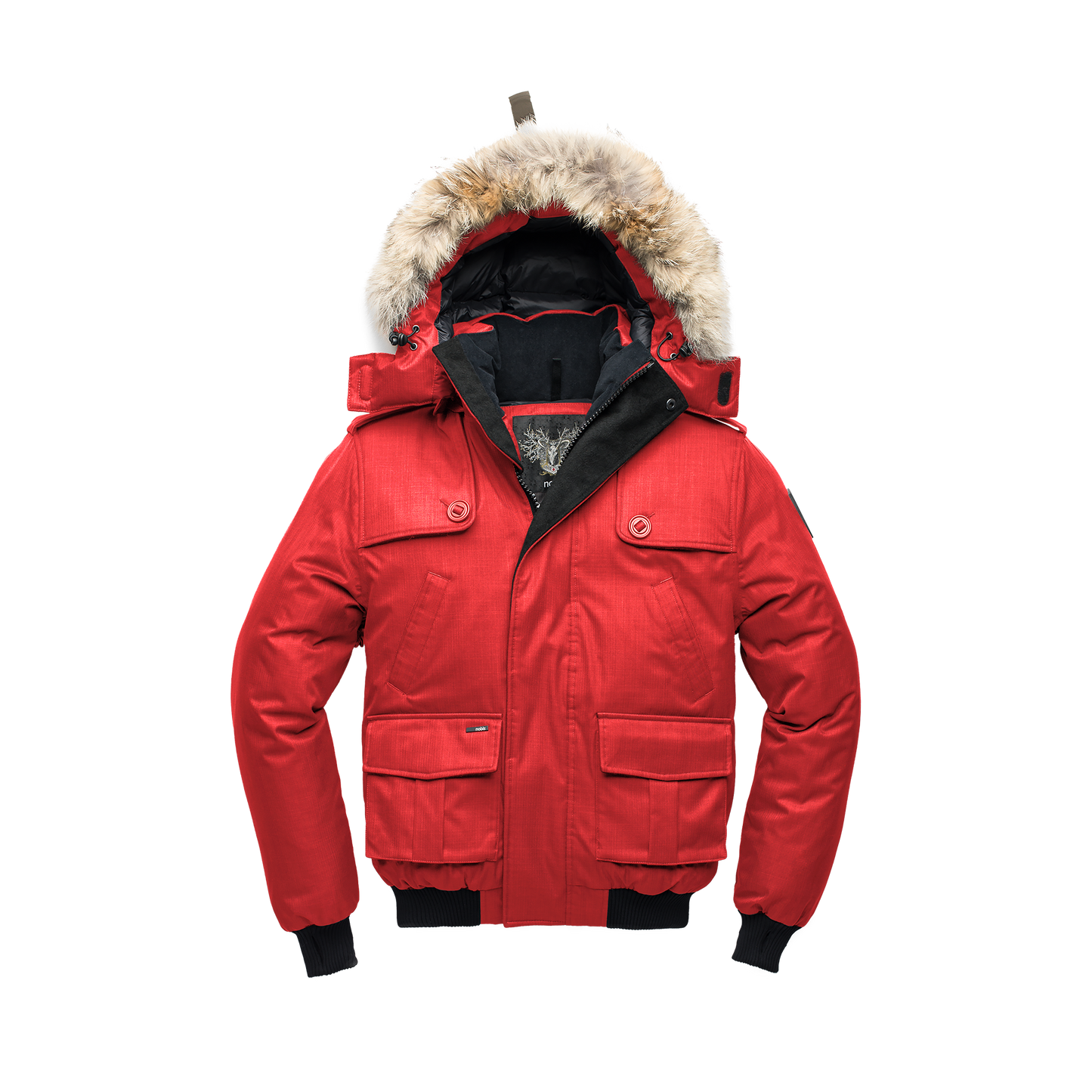 Men's down filled bomber that sits just above the hips with a completely removable hood that's windproof, waterproof, and breathable in CH Red