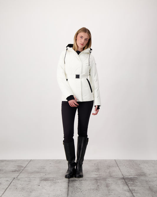 Ladies hip length down-filled parka with non-removable hood and adjustable belt in Chalk