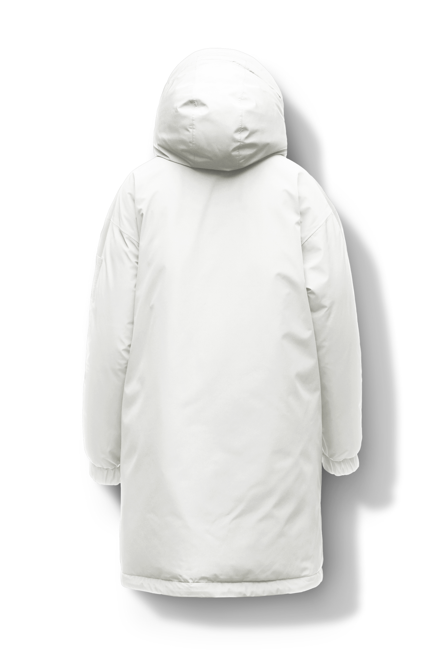 Slyn Women's Performance Parka in thigh length, premium 3-ply micro denier and cire technical nylon taffeta fabrication, Premium Canadian origin White Duck Down insulation, non-removable down-filled hood, inner hooded gilet, two-way centre-front zipper with magnetic closure wind flap, fleece-lined pockets at chest and waist, pit zipper vents, in Chalk