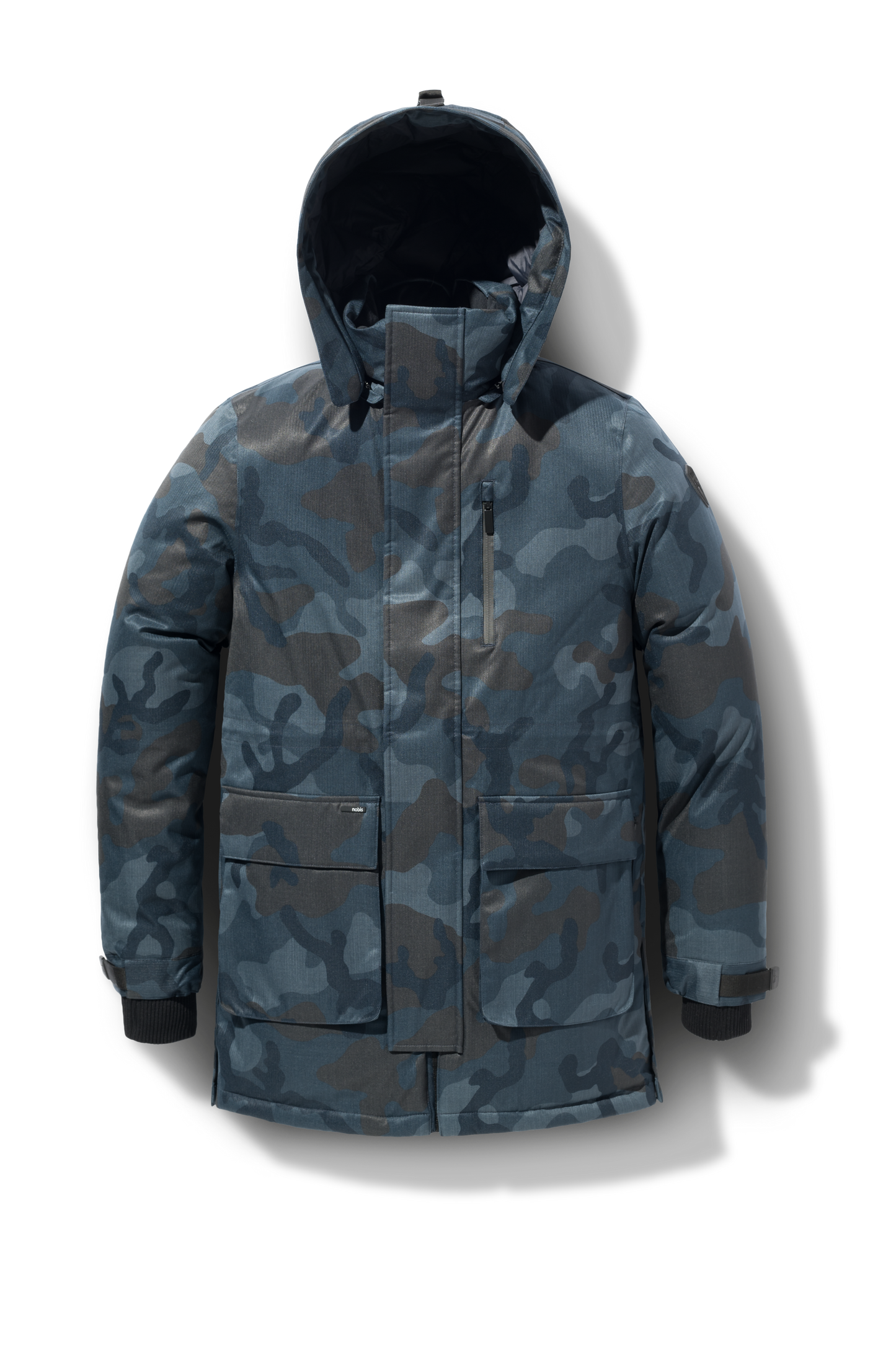 Mid weight men's down filled parka with two patch pockets at the hip and snap closure side vents in Navy Camo