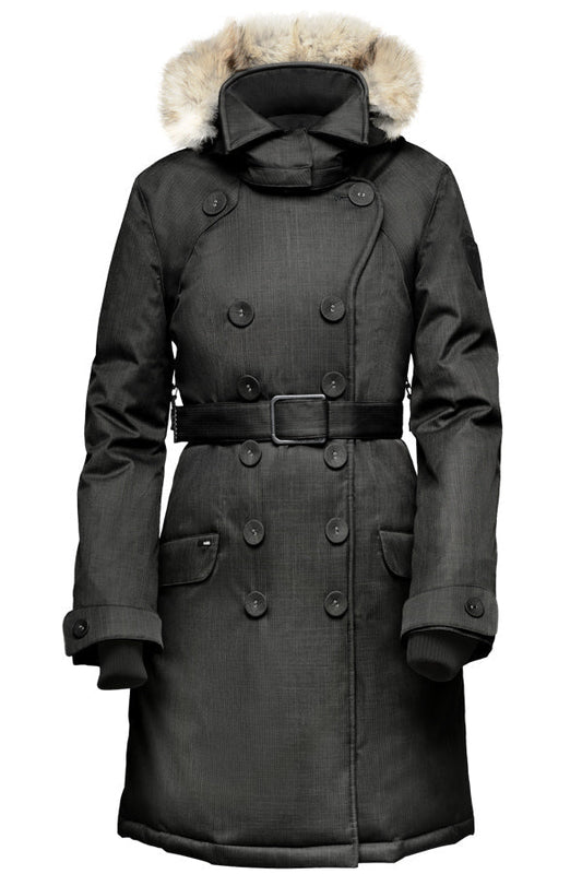 Women's down filled double breasted peacoat with a belted waist in Black + Black