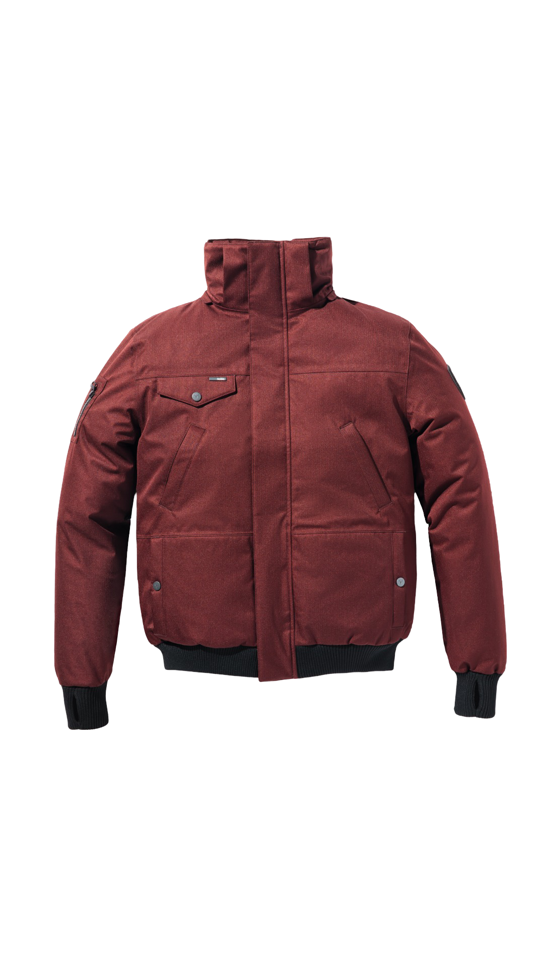 Men's sleek down filled bomber jacket with clean details and a fur free hood in CH Cabernet