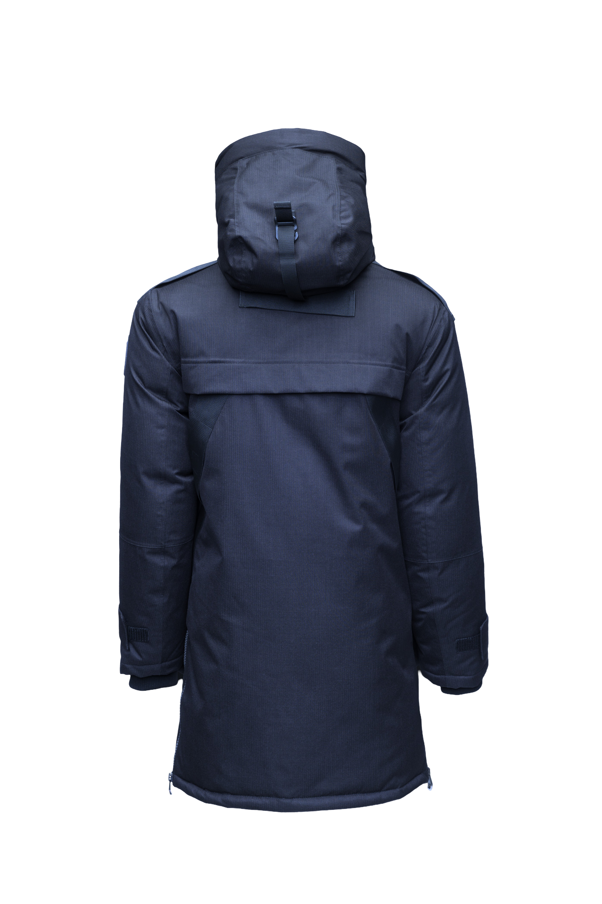 Alum Men's Long Parka in thigh length, Premium Canadian White Duck Down insulation, non-removable hood with removable coyote fur trim, two-way centre front zipper with magnetic closure wind flap, four exterior patch pockets at front, in Navy