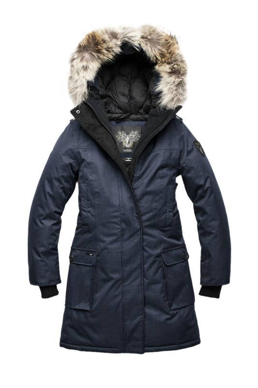 Navy womens parka with fur trim