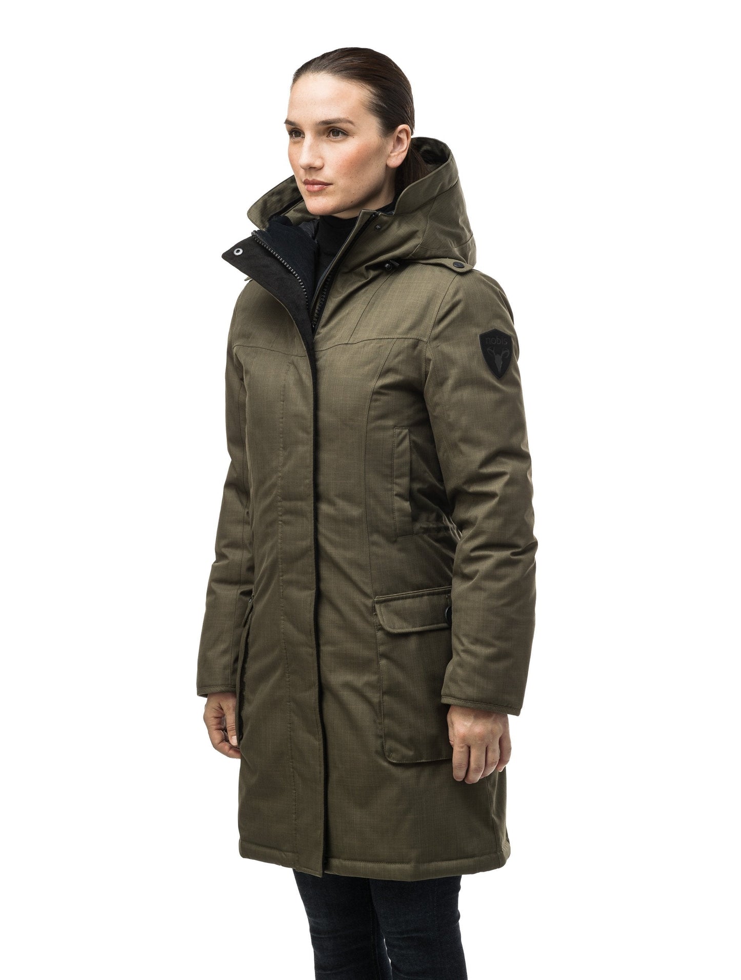 Women's knee length down filled parka with fur trim hood in CH Army Green