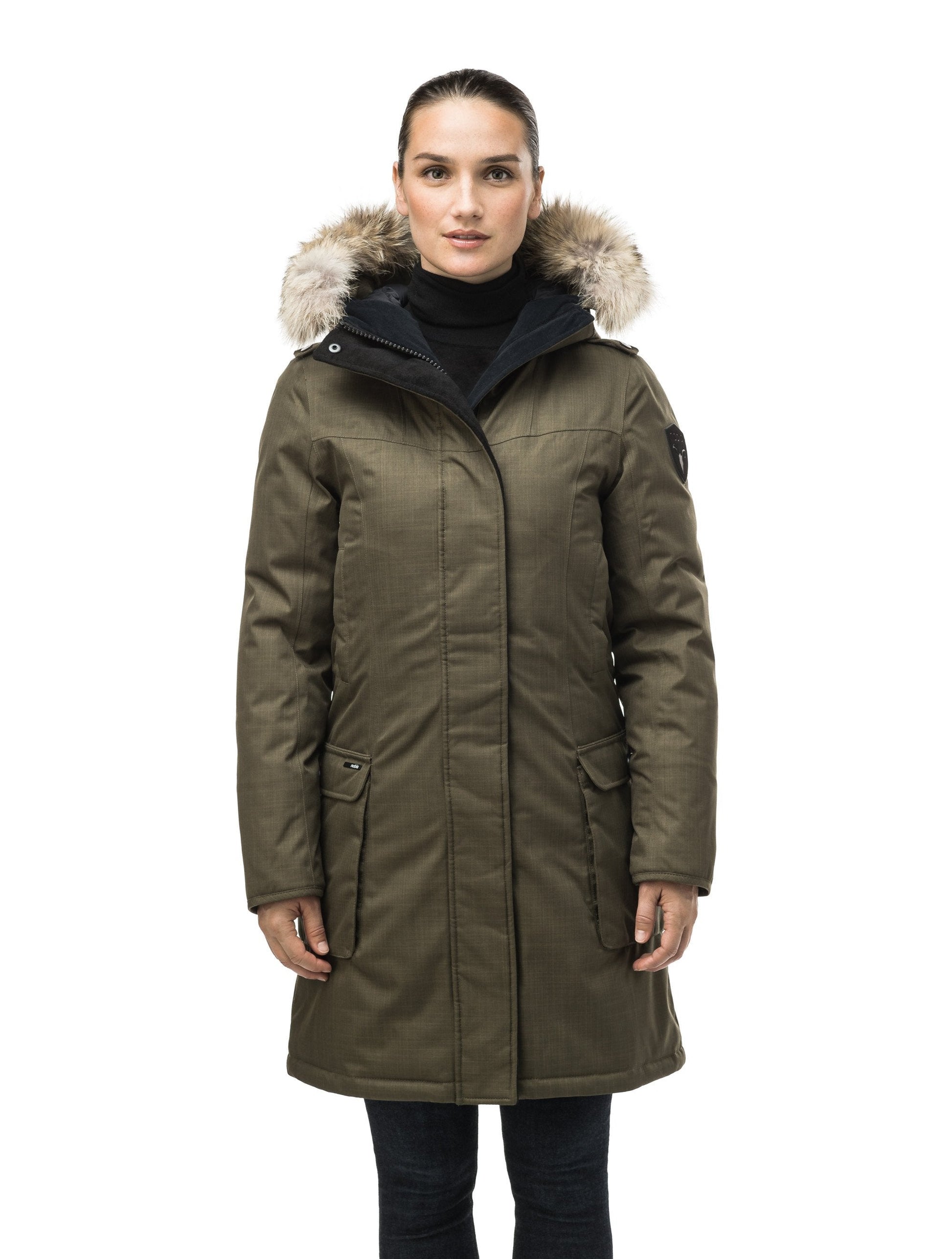 Women's knee length down filled parka with fur trim hood in CH Army Green