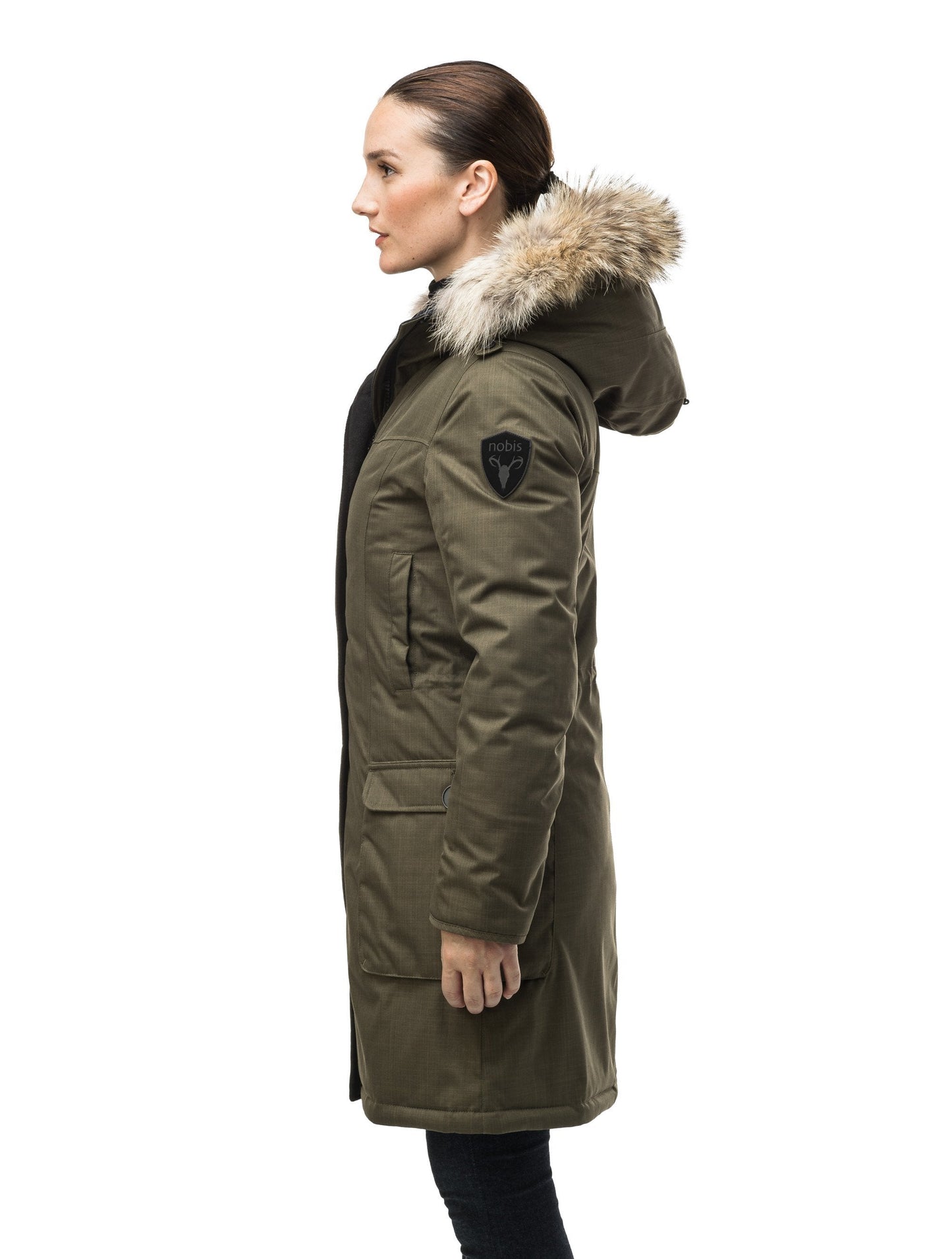 Women's knee length down filled parka with fur trim hood in CH Army Green