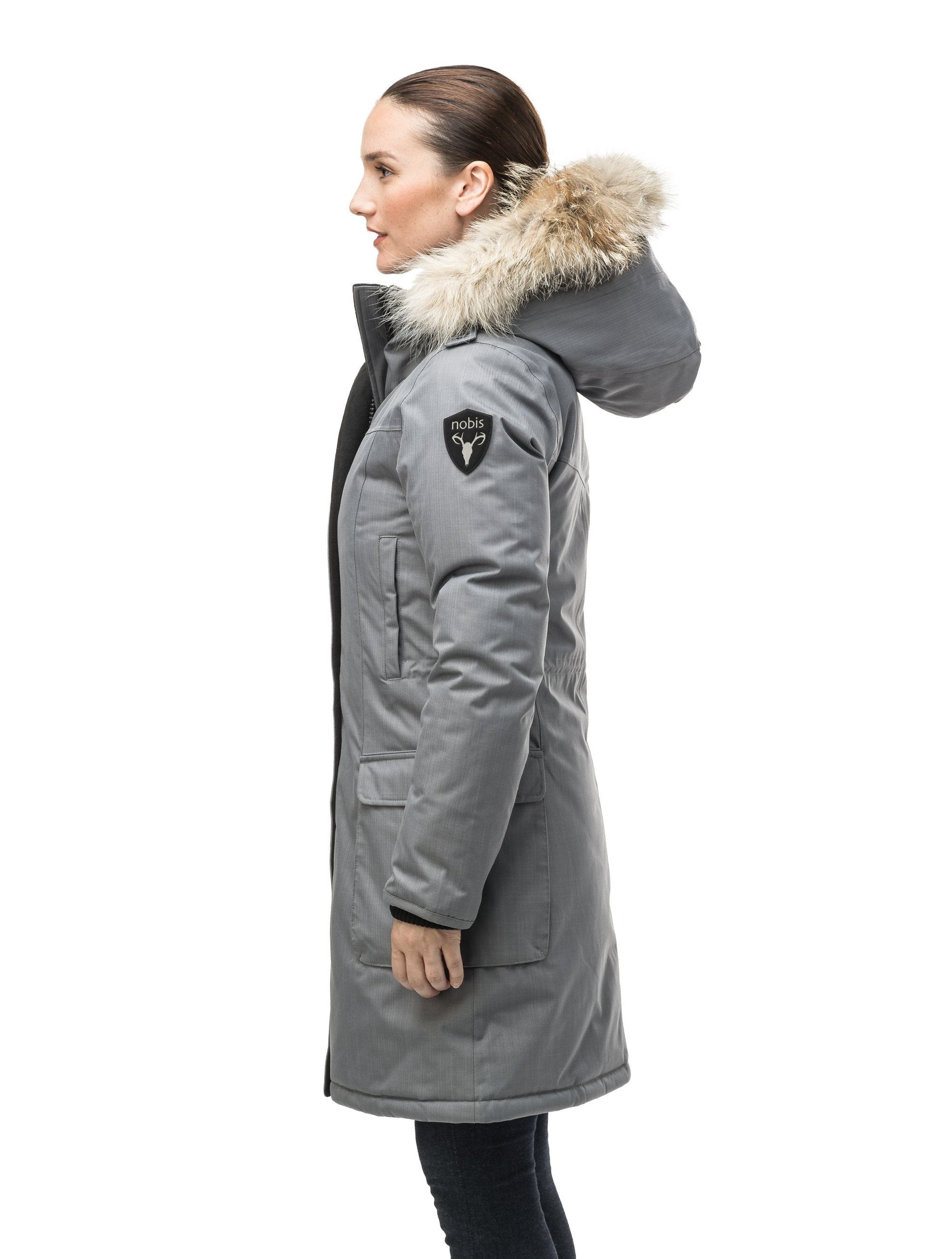 Women's knee length down filled parka with fur trim hood in CH Concrete