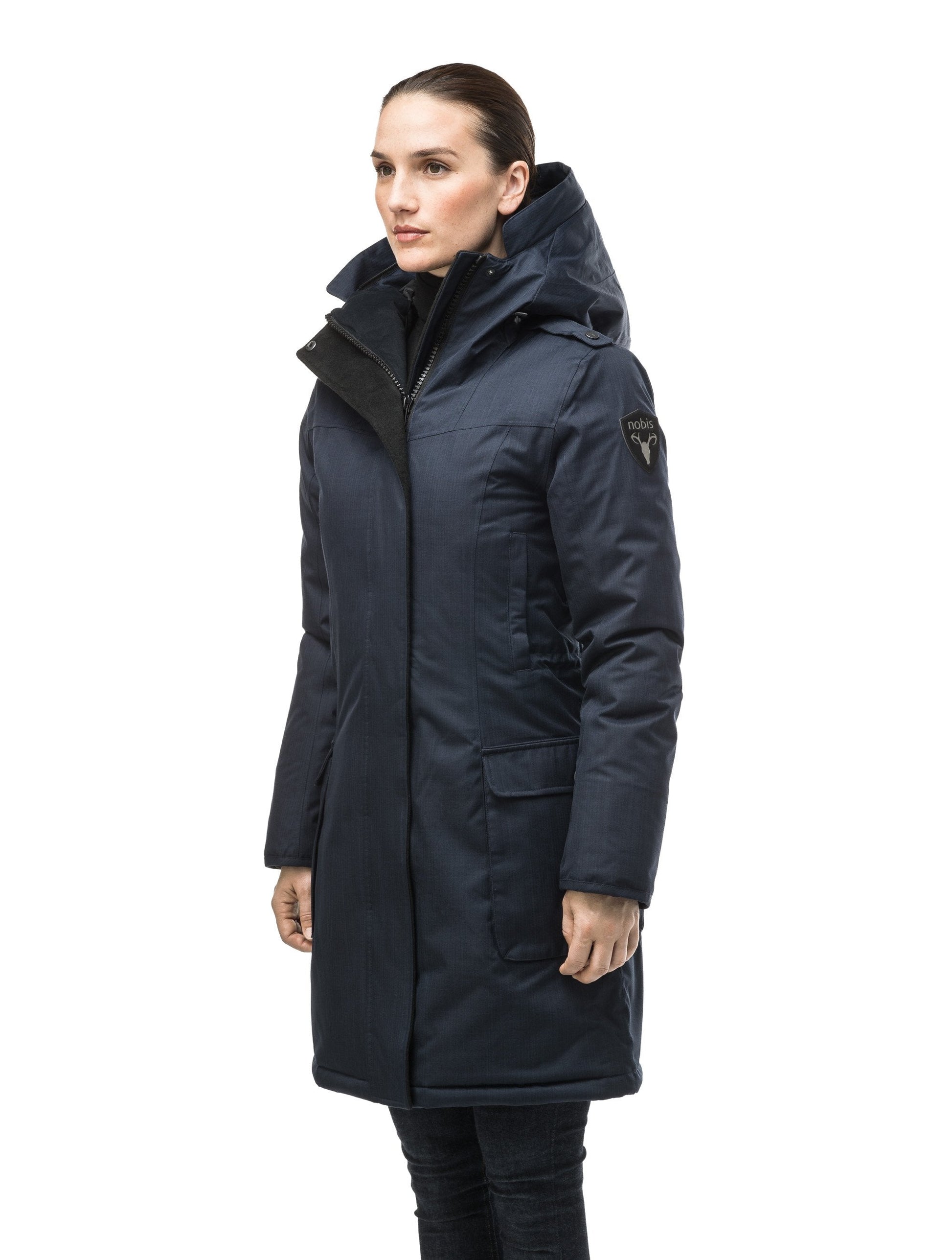 Women's knee length down filled parka with fur trim hood in CH Navy