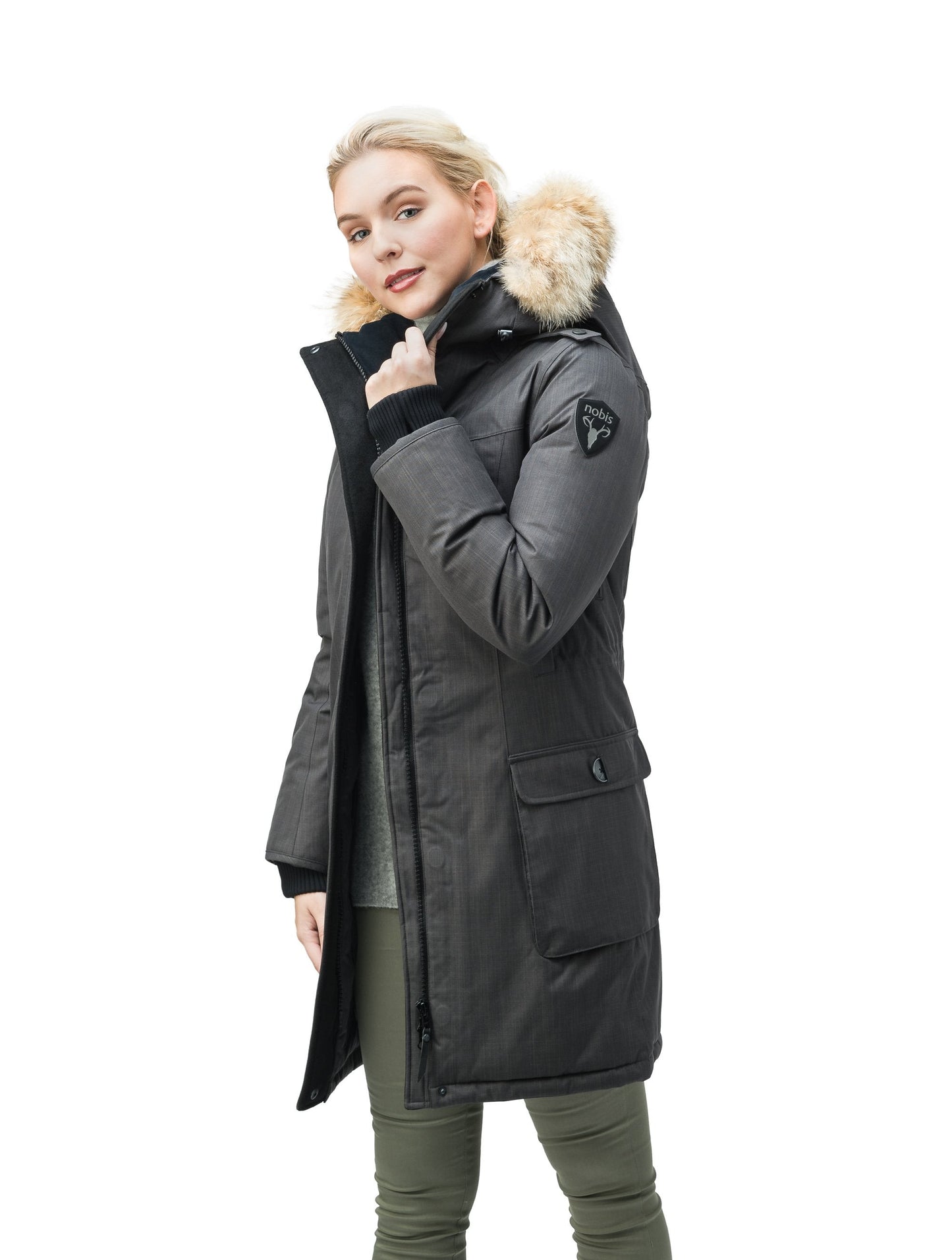 Women's knee length down filled parka with fur trim hood in CH Steel Grey