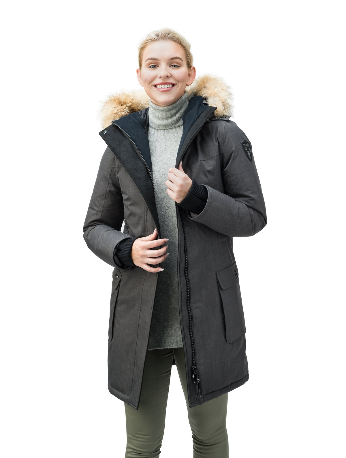 Women's knee length down filled parka with fur trim hood in Steel Grey