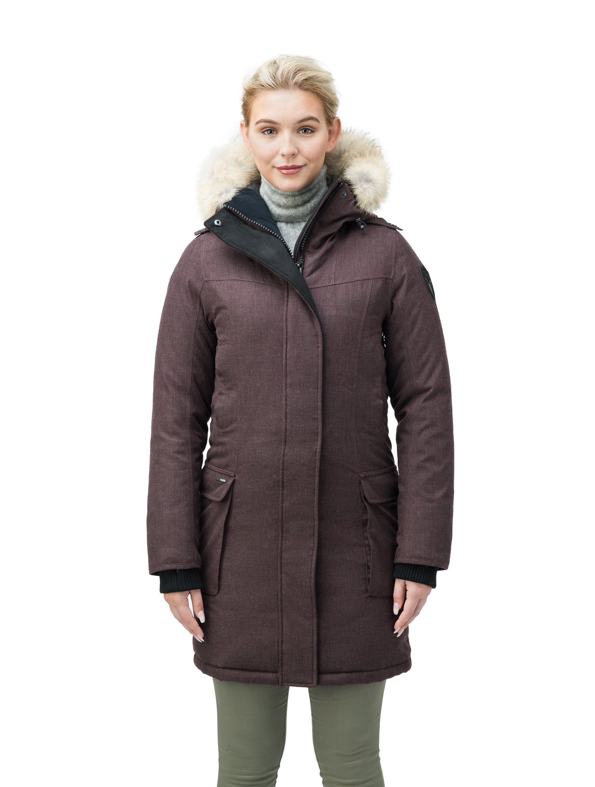 Women's knee length down filled parka with fur trim hood in H. Burgundy