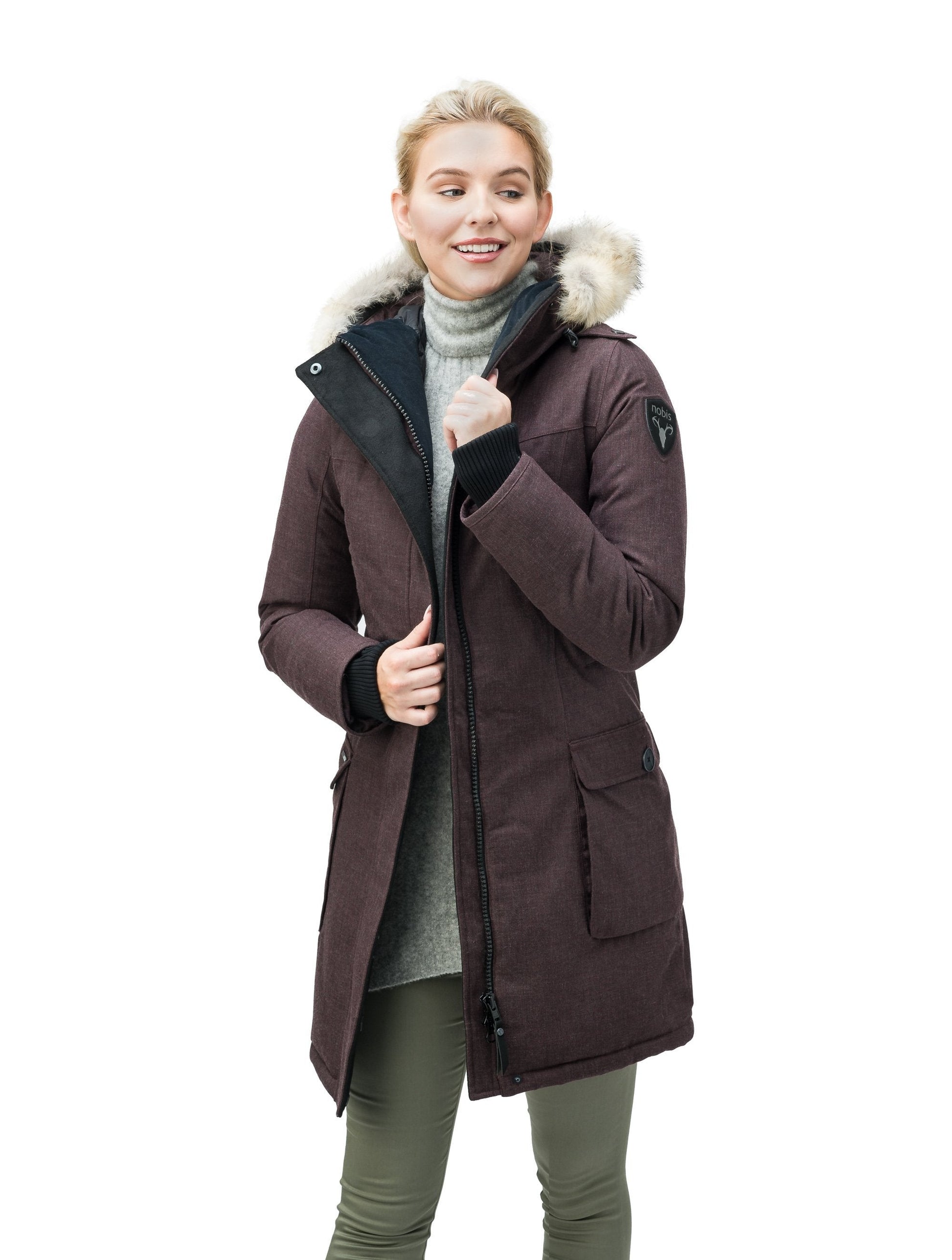 Women's knee length down filled parka with fur trim hood in H. Burgundy