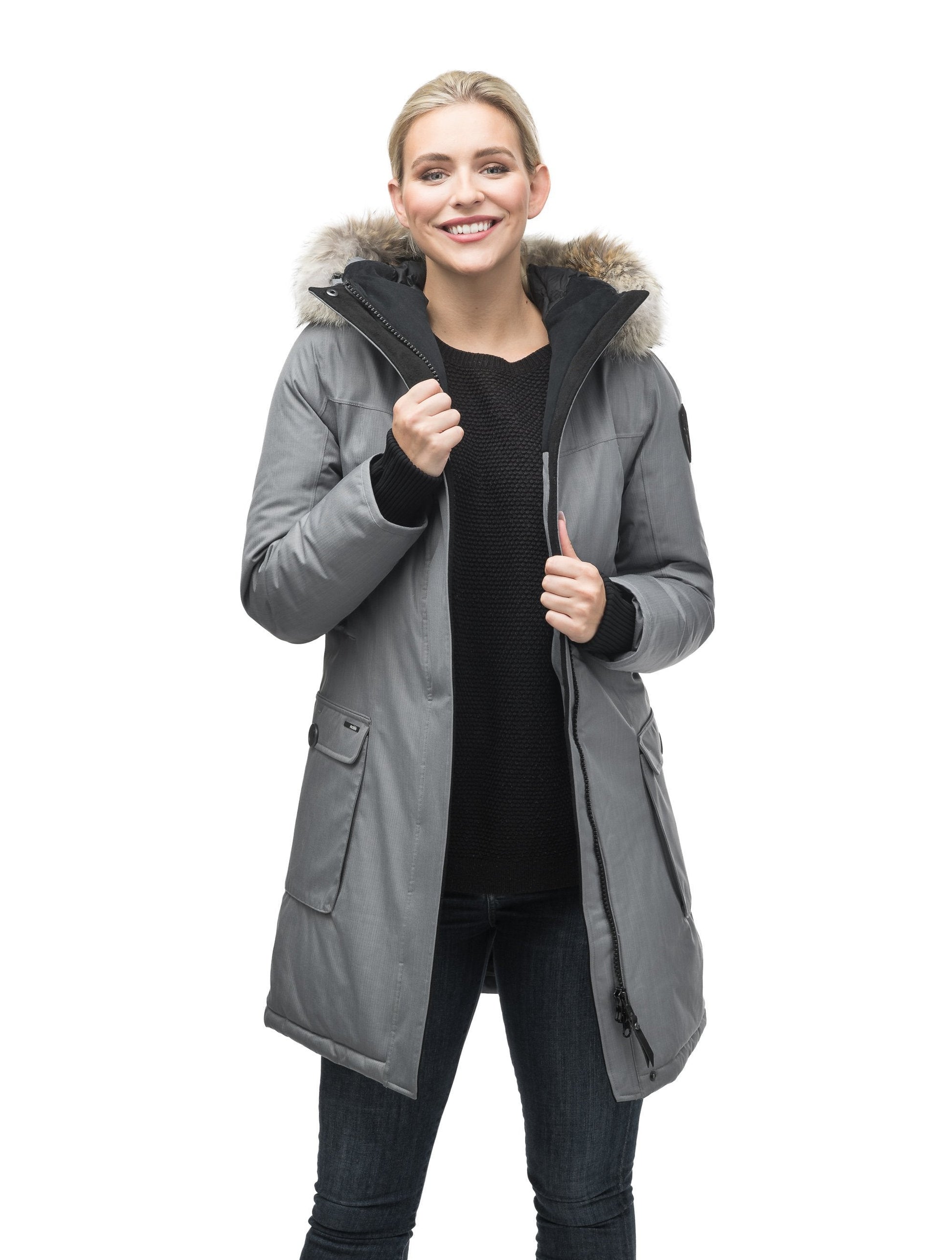 Women's knee length down filled parka with fur trim hood in CH Concrete