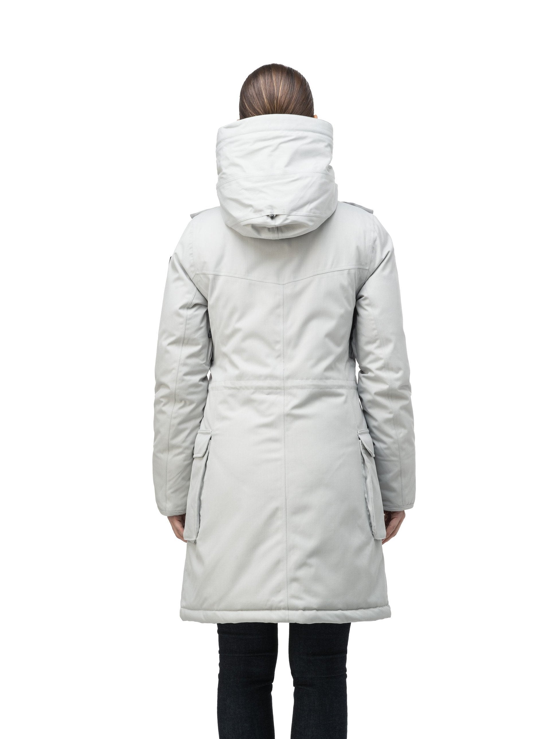 Women's knee length down filled parka with fur trim hood in CH Light Grey