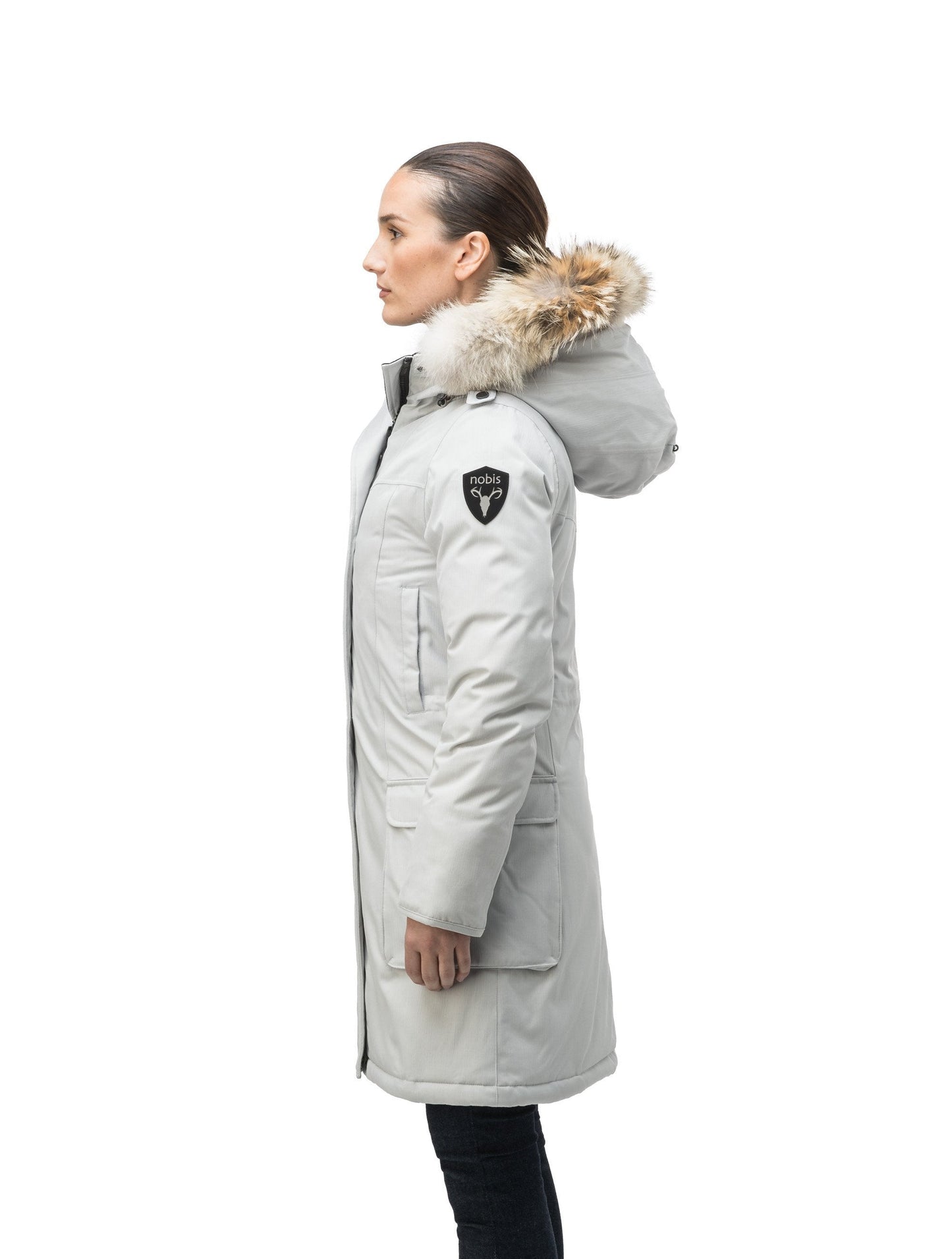 Women's knee length down filled parka with fur trim hood in CH Light Grey