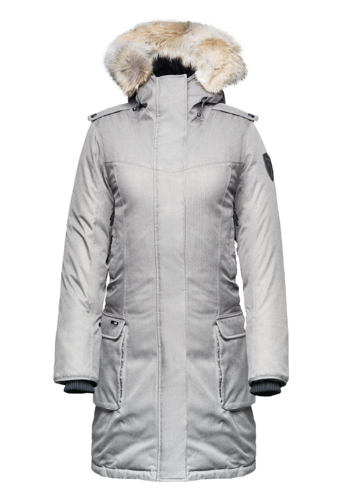 Women's knee length down filled parka with fur trim hood in CH Light Grey