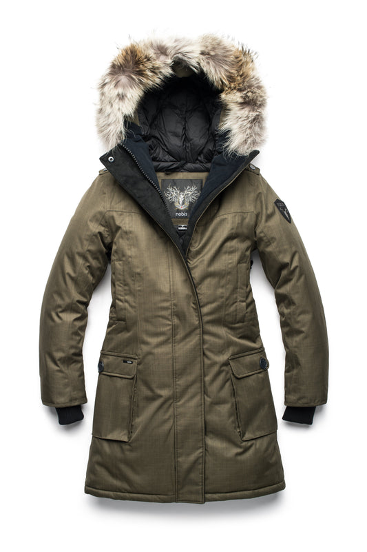 Women's knee length down filled parka with fur trim hood in Fatigue + Fatigue