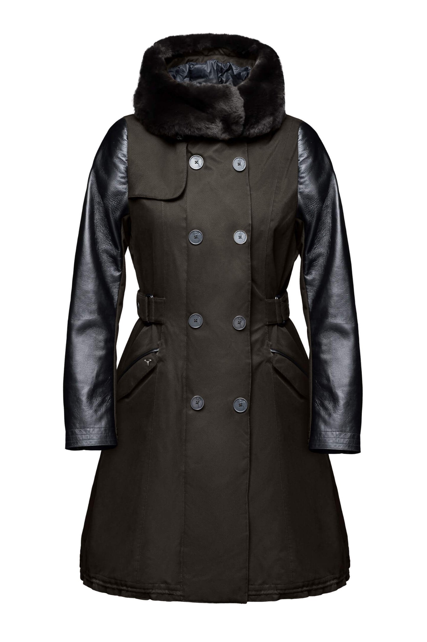 Women's down filled overcoat with double breasted closure and removable down filled lined in Dark Brown