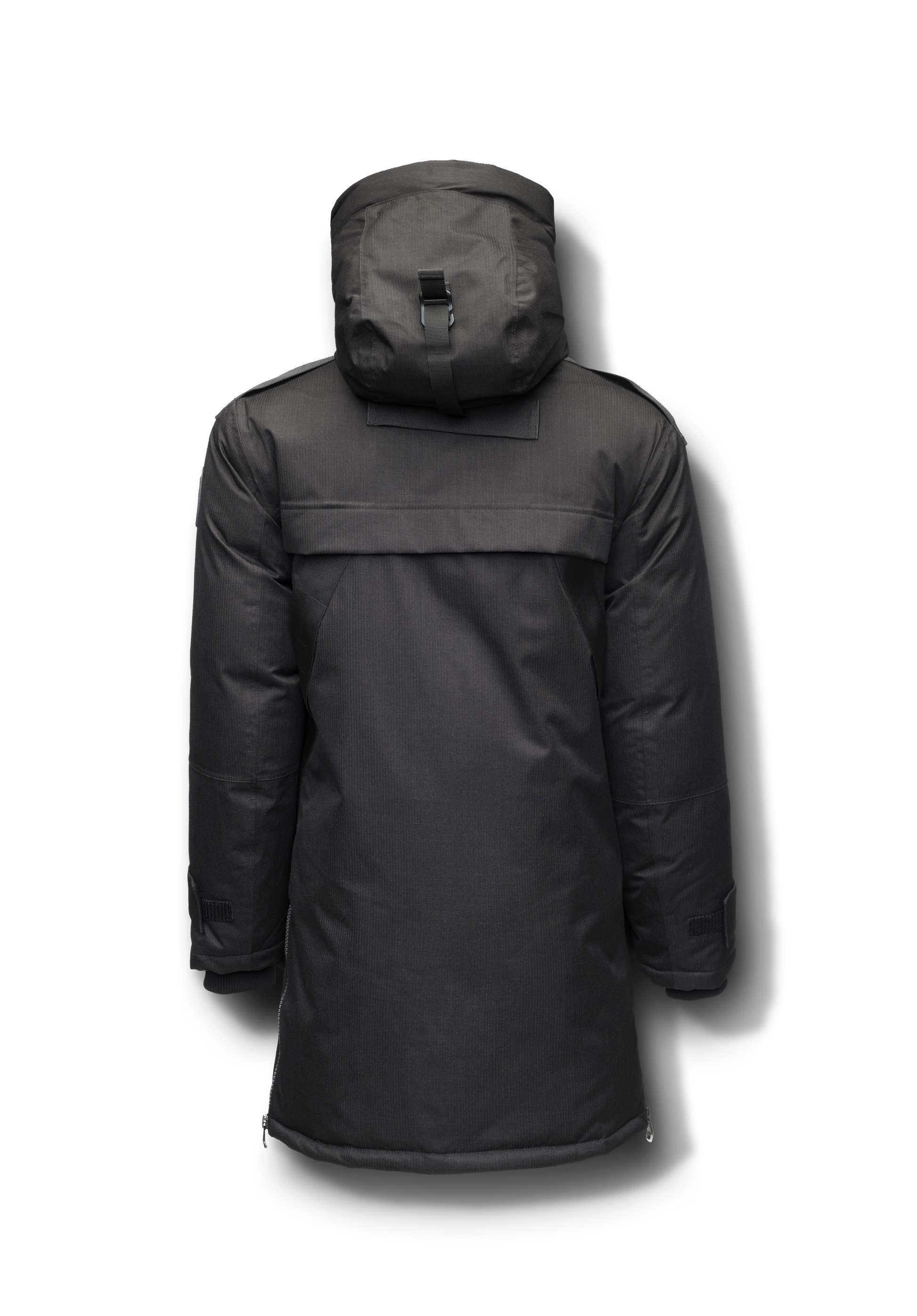 Alum Men's Long Parka in thigh length, Premium Canadian White Duck Down insulation, non-removable hood with removable coyote fur trim, two-way centre front zipper with magnetic closure wind flap, four exterior patch pockets at front, in Black