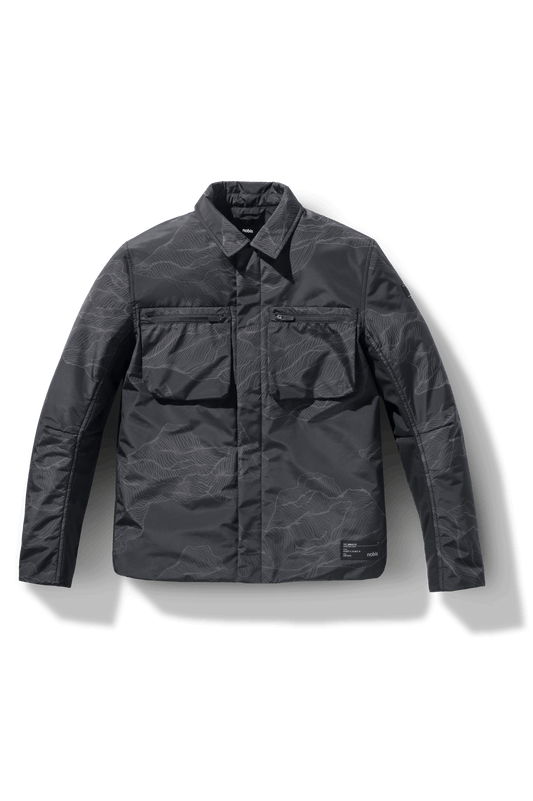 Ander Men's Mid Layer Shirt in hip length, PrimaLoft Gold Insulation Active+, 3-Ply Micro Denier front and 4-Way Durable Stretch Weave back, zipper chest pockets, snap button wind flap, and snap button cuffs, in Dark Desert + Dark Desert