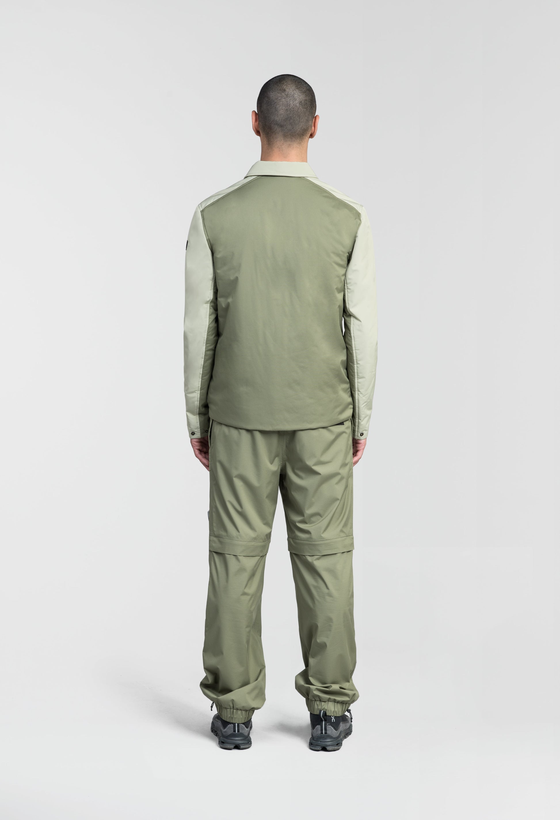 Ander Men's Mid Layer Shirt in hip length, PrimaLoft Gold Insulation Active+, 3-Ply Micro Denier front and 4-Way Durable Stretch Weave back, zipper chest pockets, snap button wind flap, and snap button cuffs, in Tea/Clover