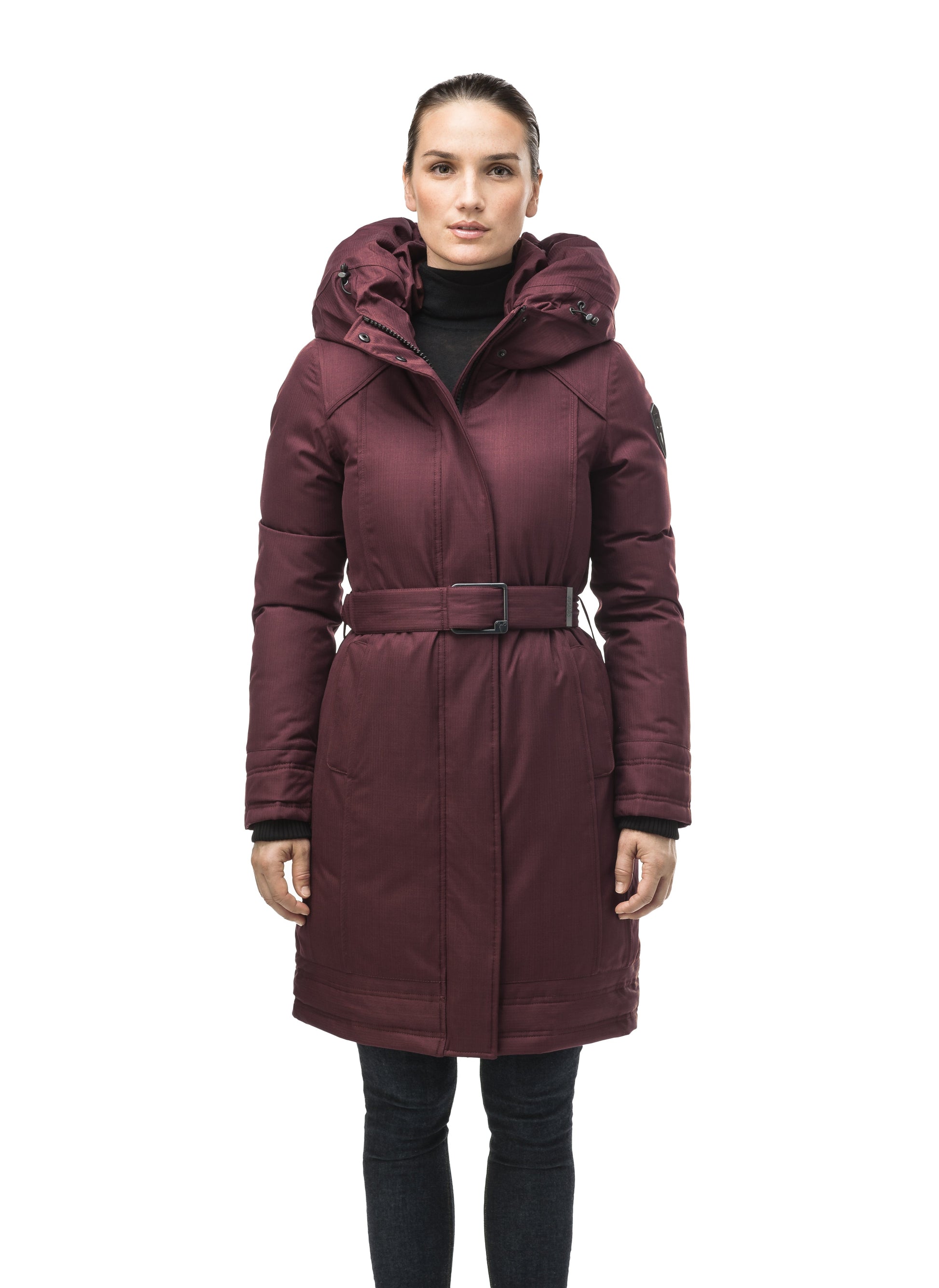 Women's Thigh length own parka with a furless oversized hood in Merlot