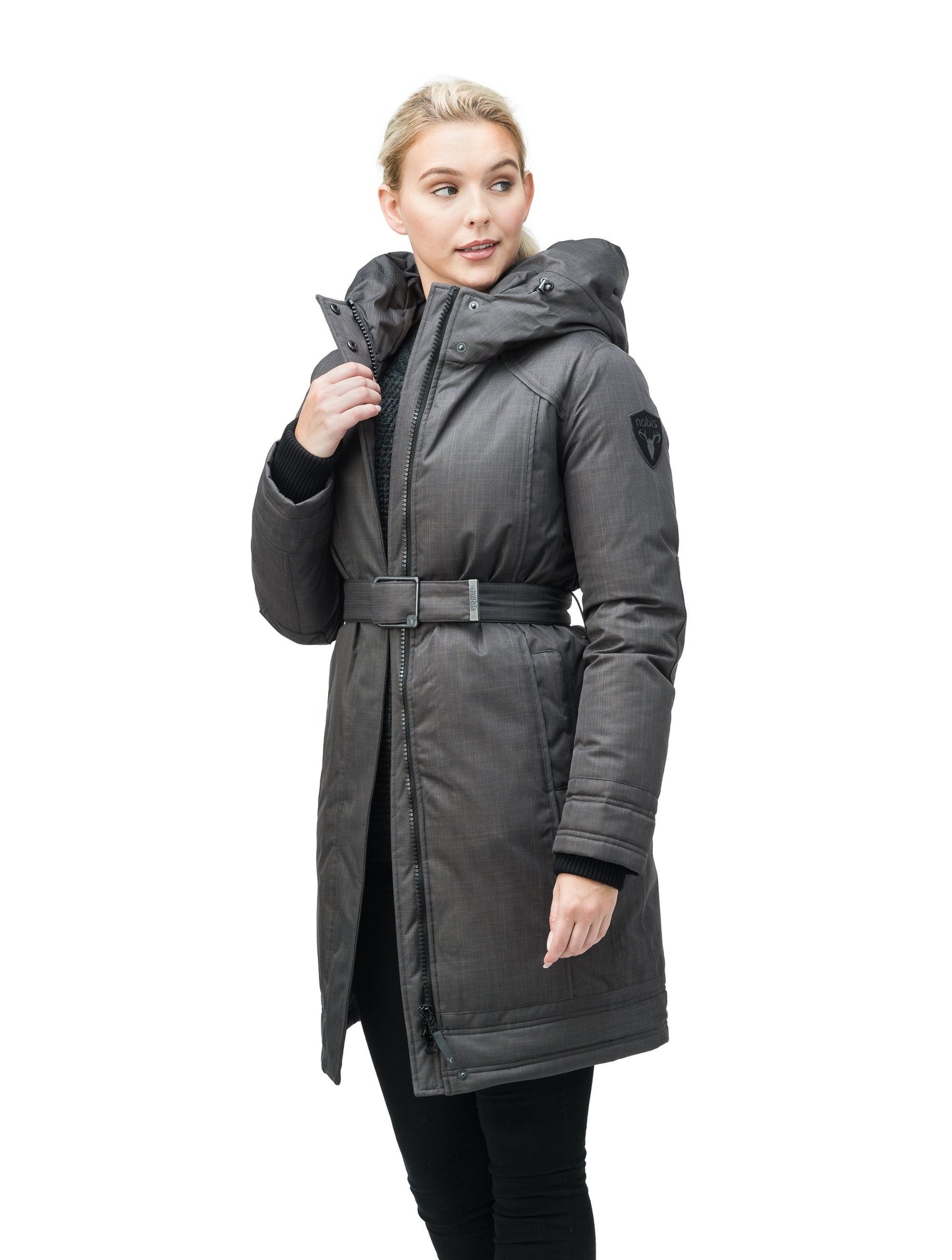 Women's Thigh length own parka with a furless oversized hood in CH Steel Grey