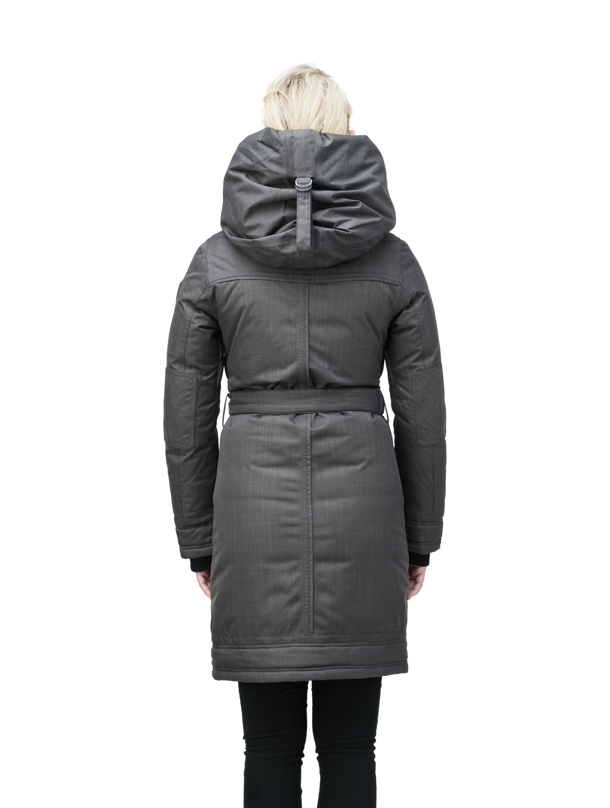 Women's Thigh length own parka with a furless oversized hood in CH Steel Grey