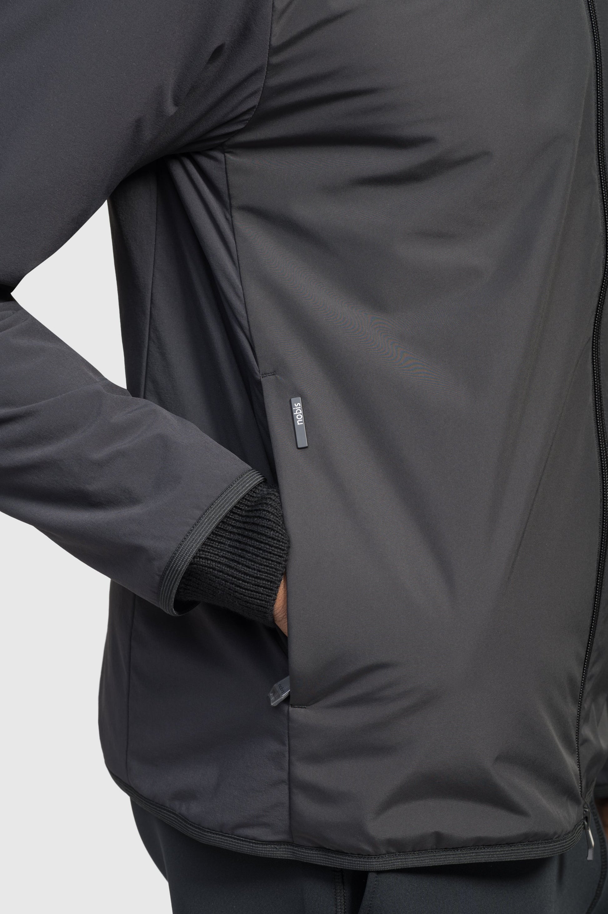 Men's hip length mid layer jacket with non-removable hood and two-way zipper in Black