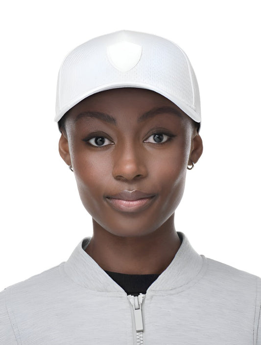 Unisex jersey 5-panel baseball hat with curved brim and adjustable strap at back in White + White