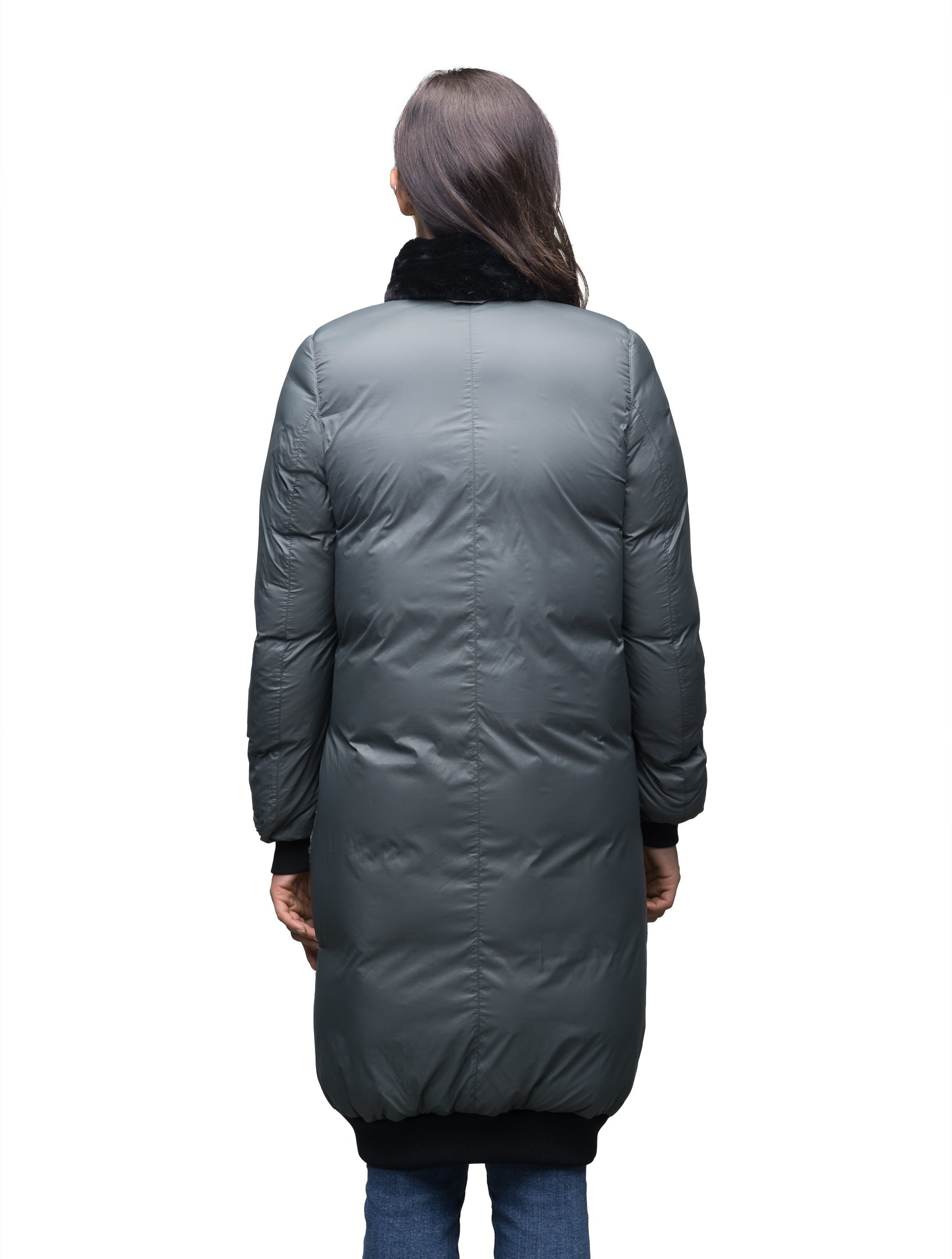 Women's knee length bomber style jacket with removable rabbit fur collar in Black