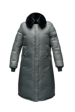 Women's knee length bomber style jacket with removable rabbit fur collar in Black