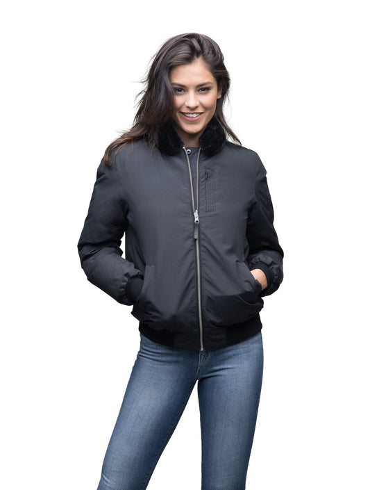 Women's hip length sleek down filled bomber jacket with removeable faux fur trim in Cy Black + Cy Black