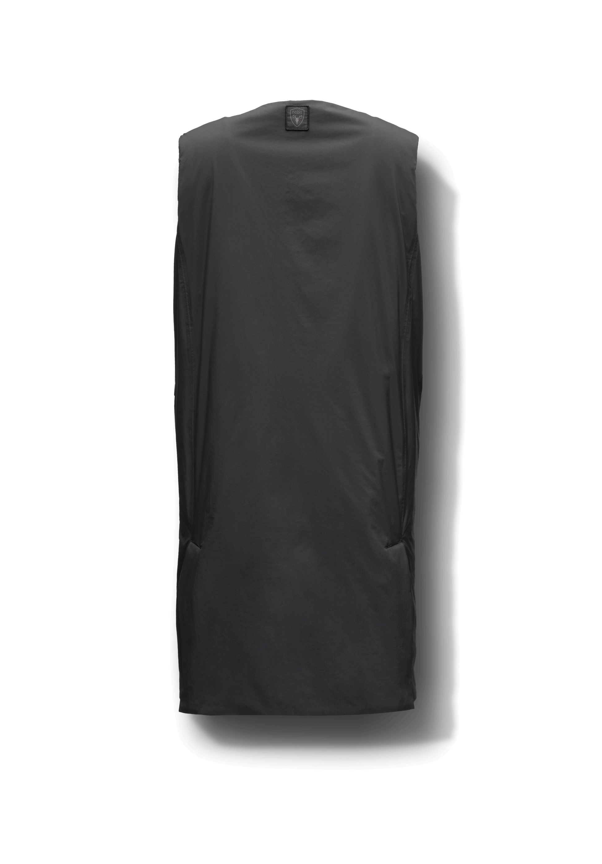 Brexton Women's Tailored Long Mid Layer Vest in knee length, centre front wind flap, flap closure waist pocket with additional side entry storage, single vent on back bottom hem, in Black