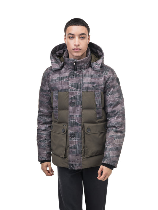 Cardinal Men's Puffer Parka in hip length, Canadian duck down insulation, removable hood, quilted body, and two-way front zipper, in Dark Sandstorm + Dark Sandstorm