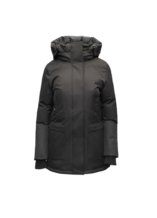 Carla Furless Ladies Parka in thigh length with Canadian Premium White Duck Down insulation, non-removable hood, centre-front zipper with magnetic closure wind flap, and four exterior pockets, in Black + Black