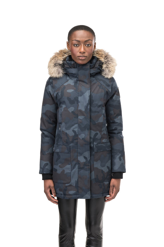 Women's down filled parka that sits just below the hip with a clean look and two hip patch pockets in Camo + Camo