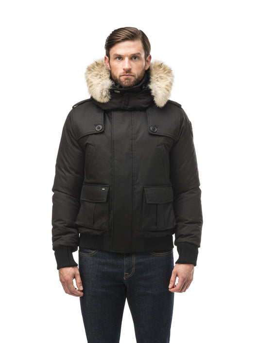 Men's down filled bomber that sits just above the hips with a completely removable hood that's windproof, waterproof, and breathable in CH Black + CH Black