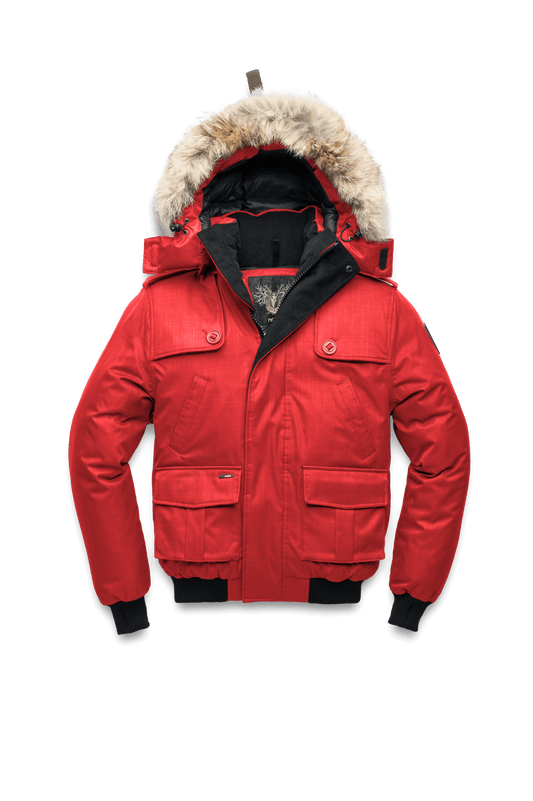 Men's down filled bomber that sits just above the hips with a completely removable hood that's windproof, waterproof, and breathable in CH Red + CH Red