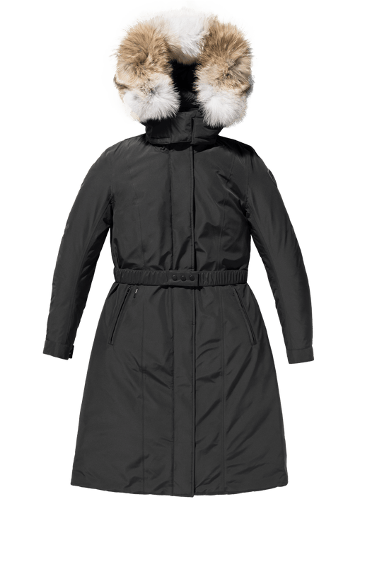 Celest Ladies Duster Parka in knee length, Canadian duck down insulation, removable hood and coyote fur trim, with adjustable belt, in Black + Black