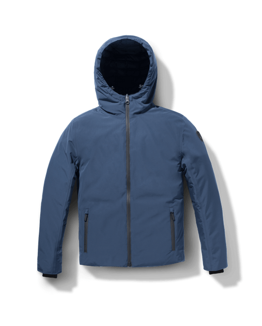 Chris Men's Mid Weight Reversible Puffer Jacket in hip length, Canadian duck down insulation, non-removable adjustable hood, ribbed cuffs, and quilted body on reversible side, in Marine + Marine