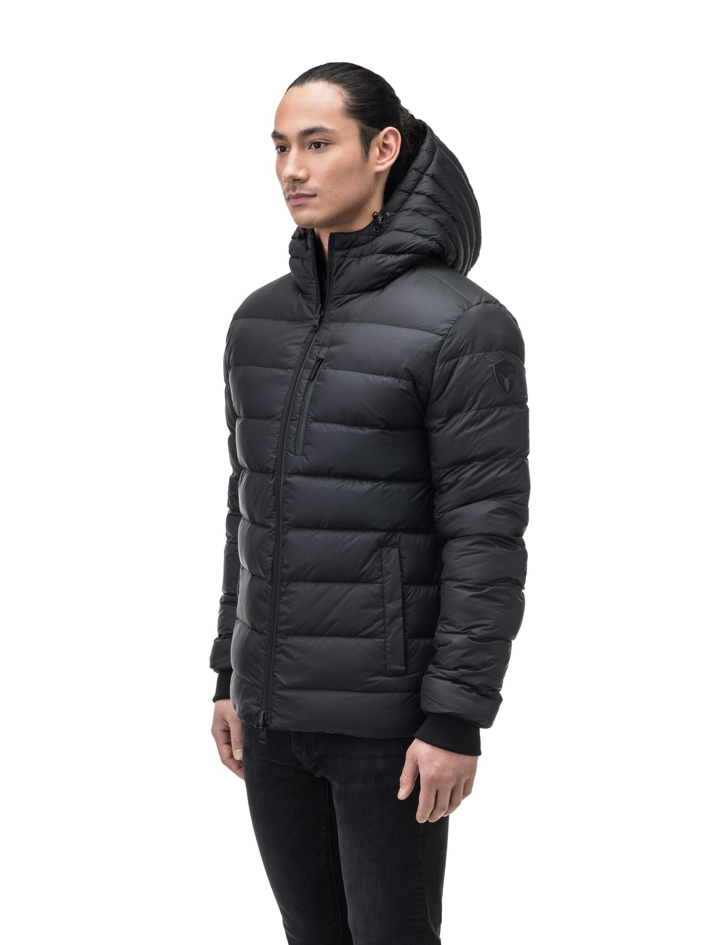 Chris Men's Mid Weight Reversible Puffer Jacket in hip length, Canadian duck down insulation, non-removable adjustable hood, ribbed cuffs, and quilted body on reversible side, in Black