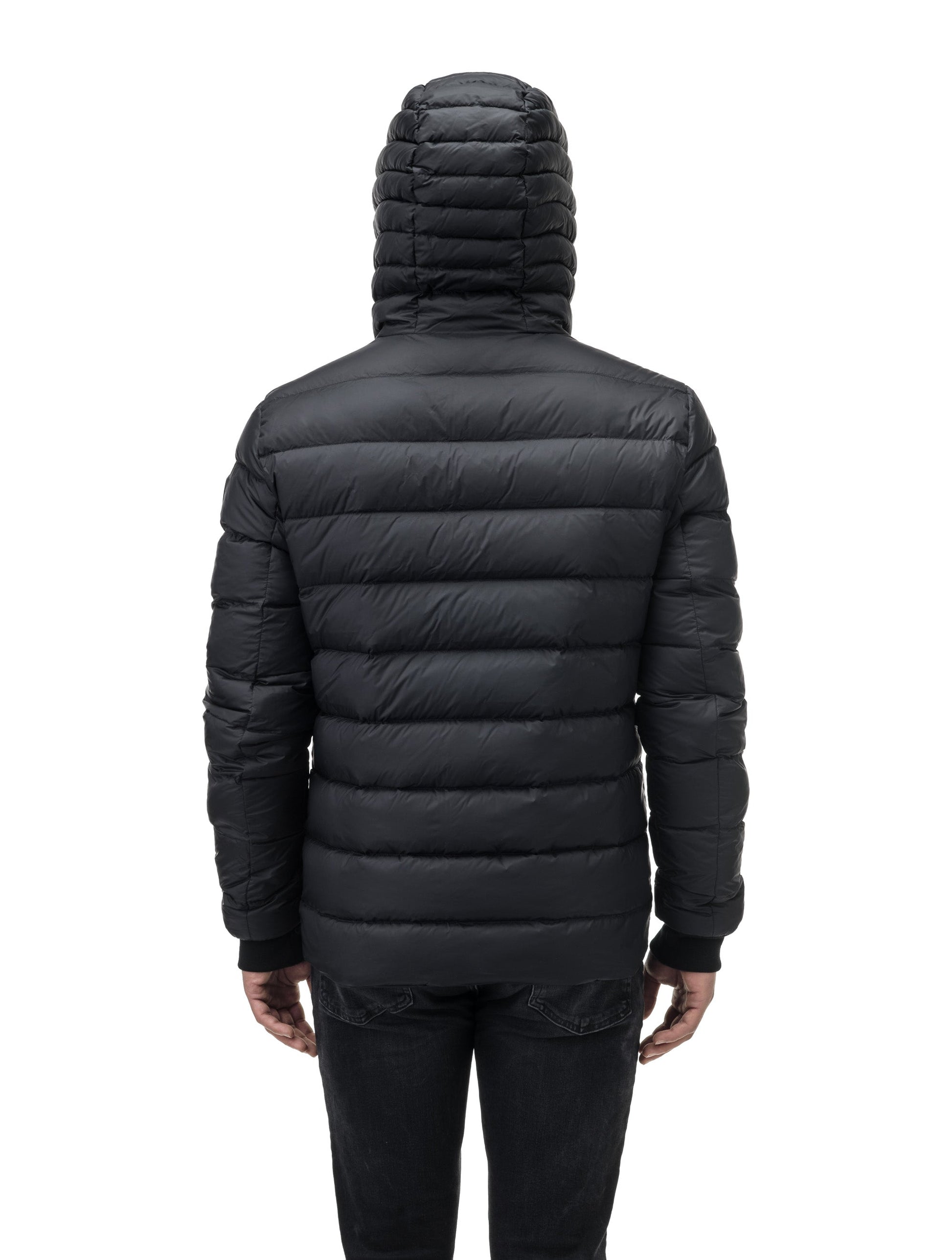 Chris Men's Mid Weight Reversible Puffer Jacket in hip length, Canadian duck down insulation, non-removable adjustable hood, ribbed cuffs, and quilted body on reversible side, in Black