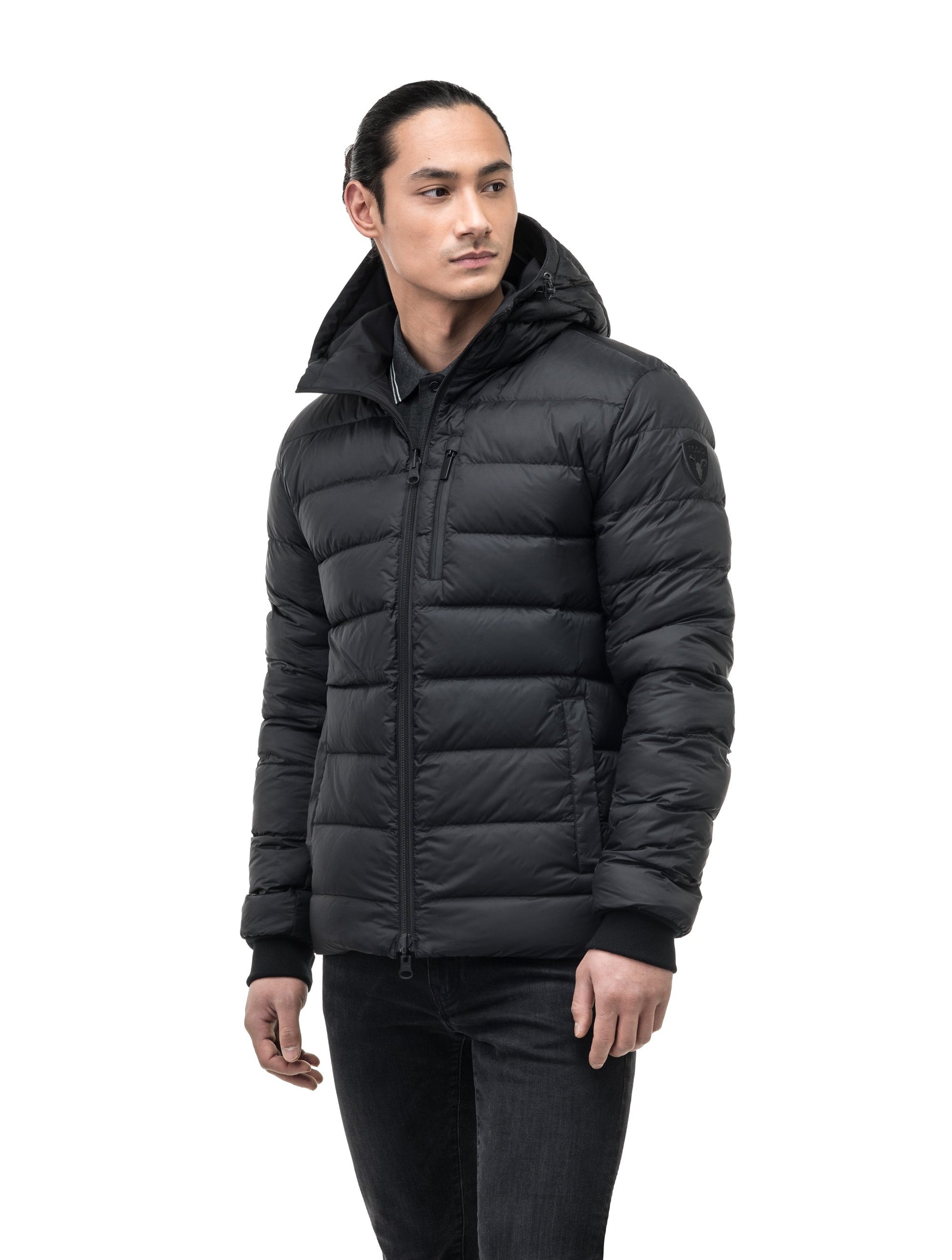 Chris Men's Mid Weight Reversible Puffer Jacket in hip length, Canadian duck down insulation, non-removable adjustable hood, ribbed cuffs, and quilted body on reversible side, in Black