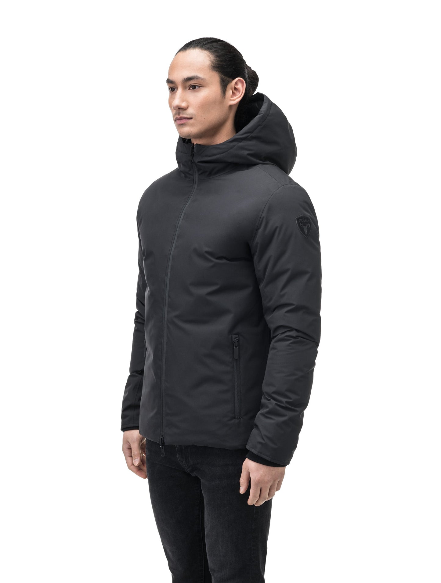 Chris Men's Mid Weight Reversible Puffer Jacket in hip length, Canadian duck down insulation, non-removable adjustable hood, ribbed cuffs, and quilted body on reversible side, in Black