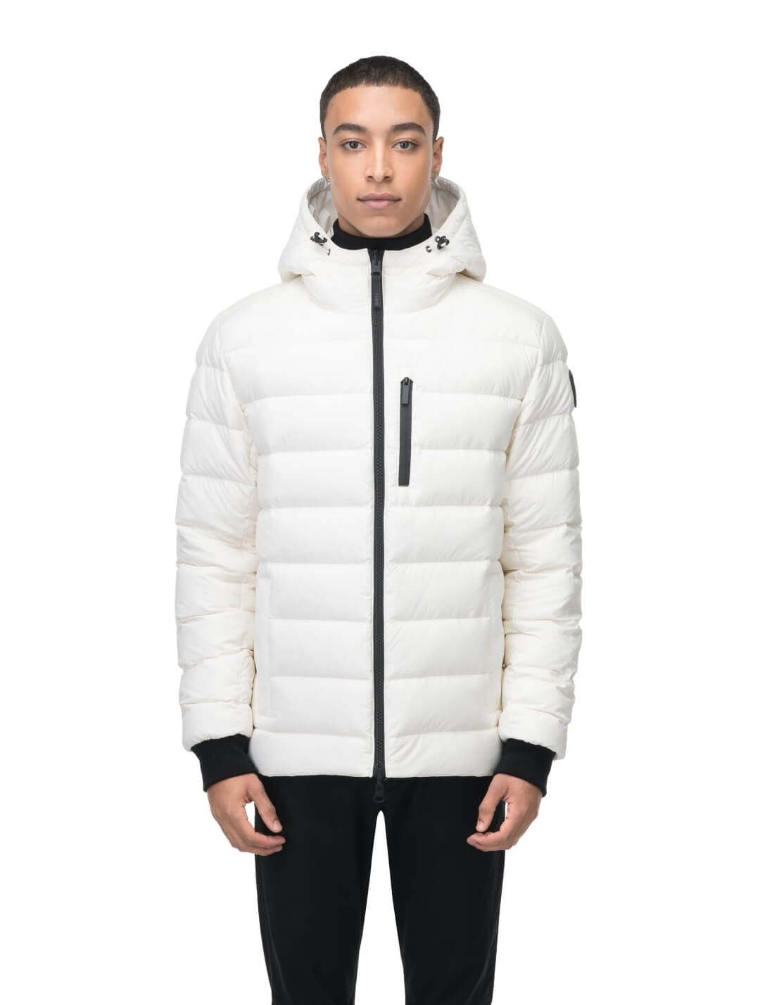 Chris Men's Mid Weight Reversible Puffer Jacket in hip length, Canadian duck down insulation, non-removable adjustable hood, ribbed cuffs, and quilted body on reversible side, in Chalk