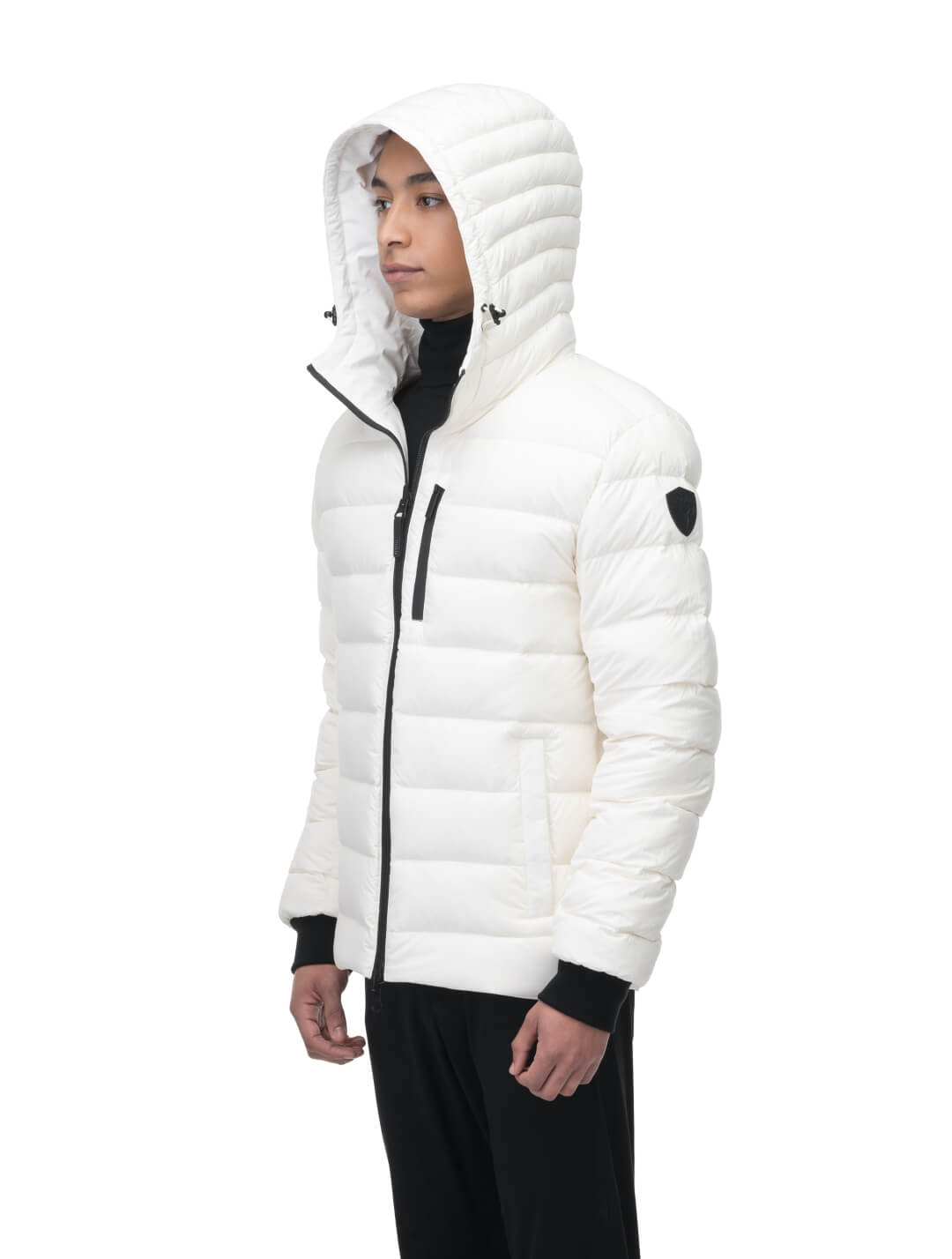 Chris Men's Mid Weight Reversible Puffer Jacket in hip length, Canadian duck down insulation, non-removable adjustable hood, ribbed cuffs, and quilted body on reversible side, in Chalk