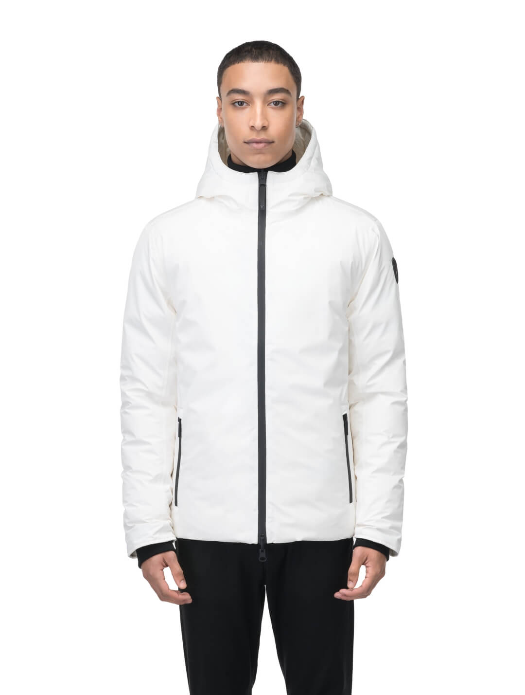 Chris Men's Mid Weight Reversible Puffer Jacket in hip length, Canadian duck down insulation, non-removable adjustable hood, ribbed cuffs, and quilted body on reversible side, in Chalk