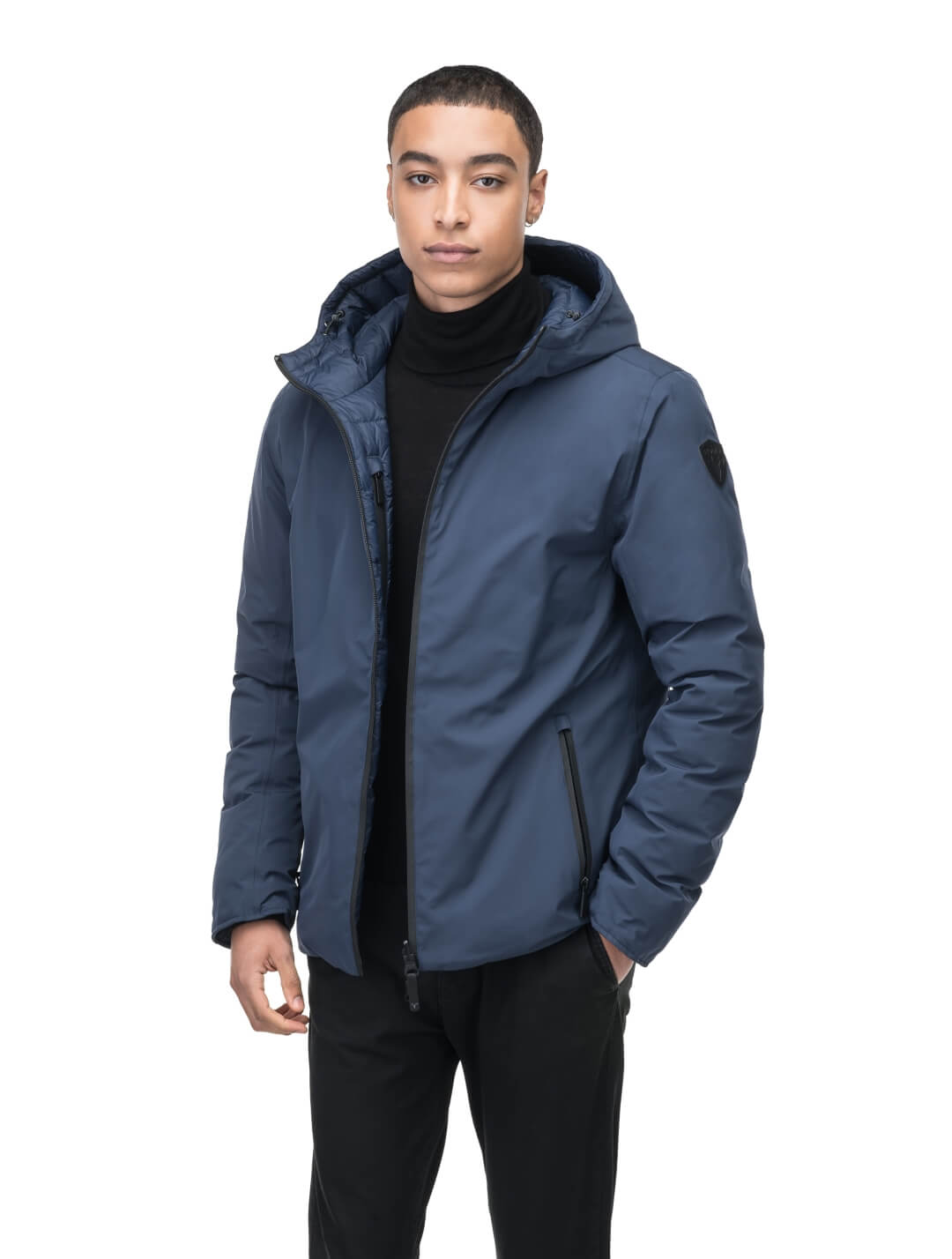 Chris Men's Mid Weight Reversible Puffer Jacket in hip length, Canadian duck down insulation, non-removable adjustable hood, ribbed cuffs, and quilted body on reversible side, in Marine